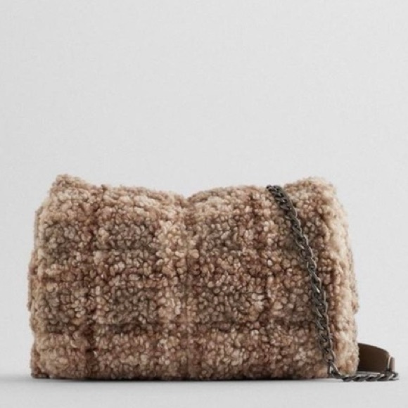 Zara Faux Fur Checkered Textured Brown Sherpa Women's Bag - Picture 1 of 11